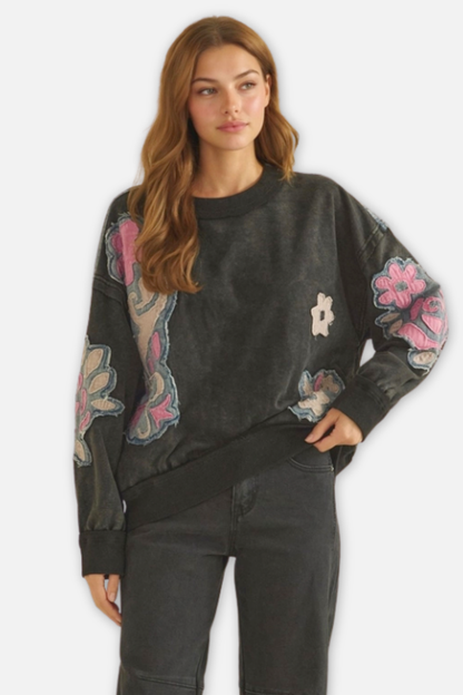 Floral Patched Crewneck Top - Black