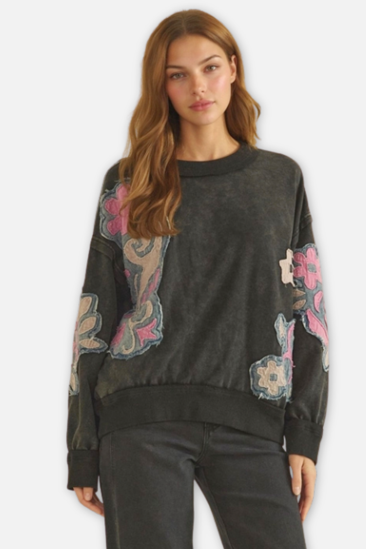 Floral Patched Crewneck Top - Black