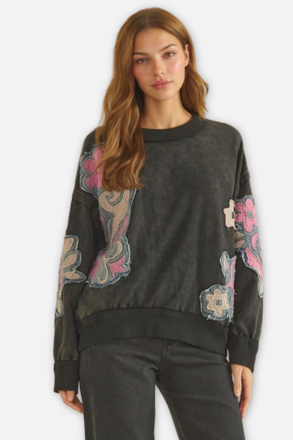Floral Patched Crewneck Top - Black