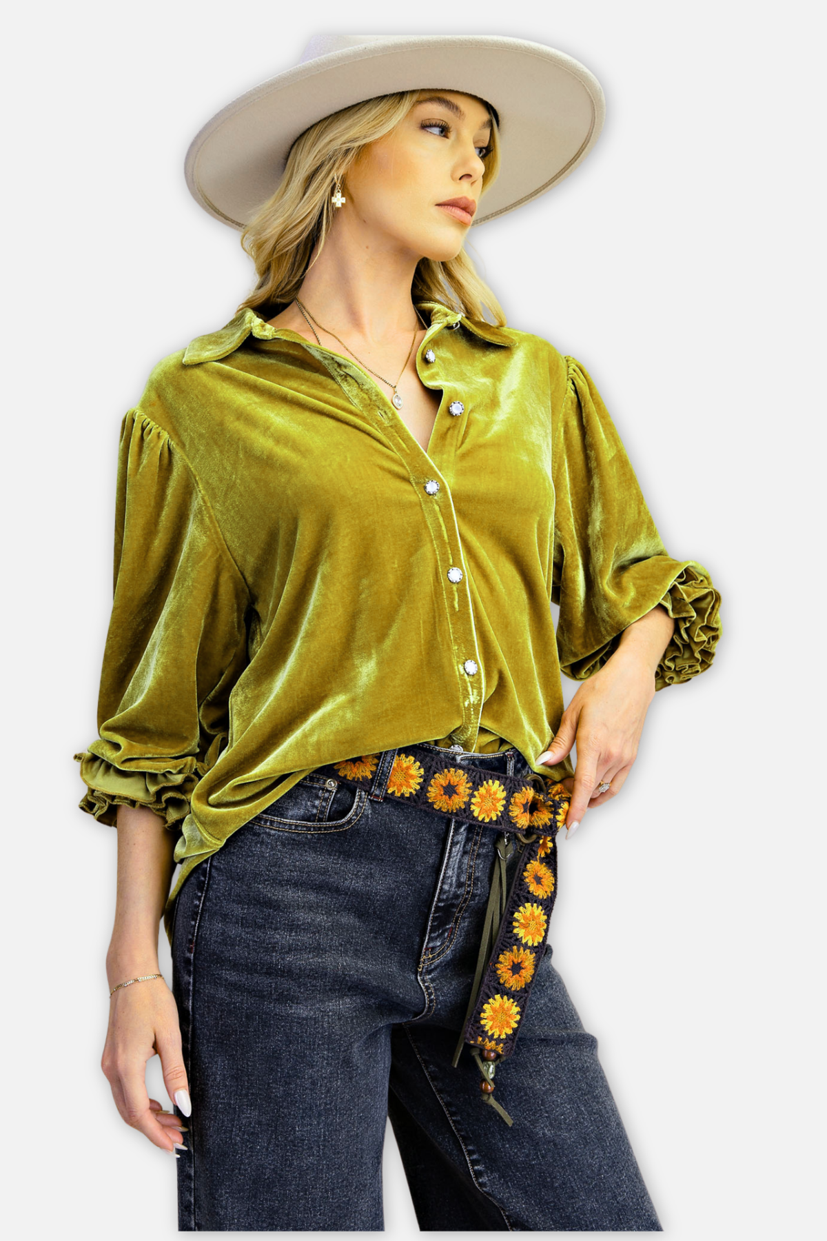 Button Down Velvet Top - Green Tea