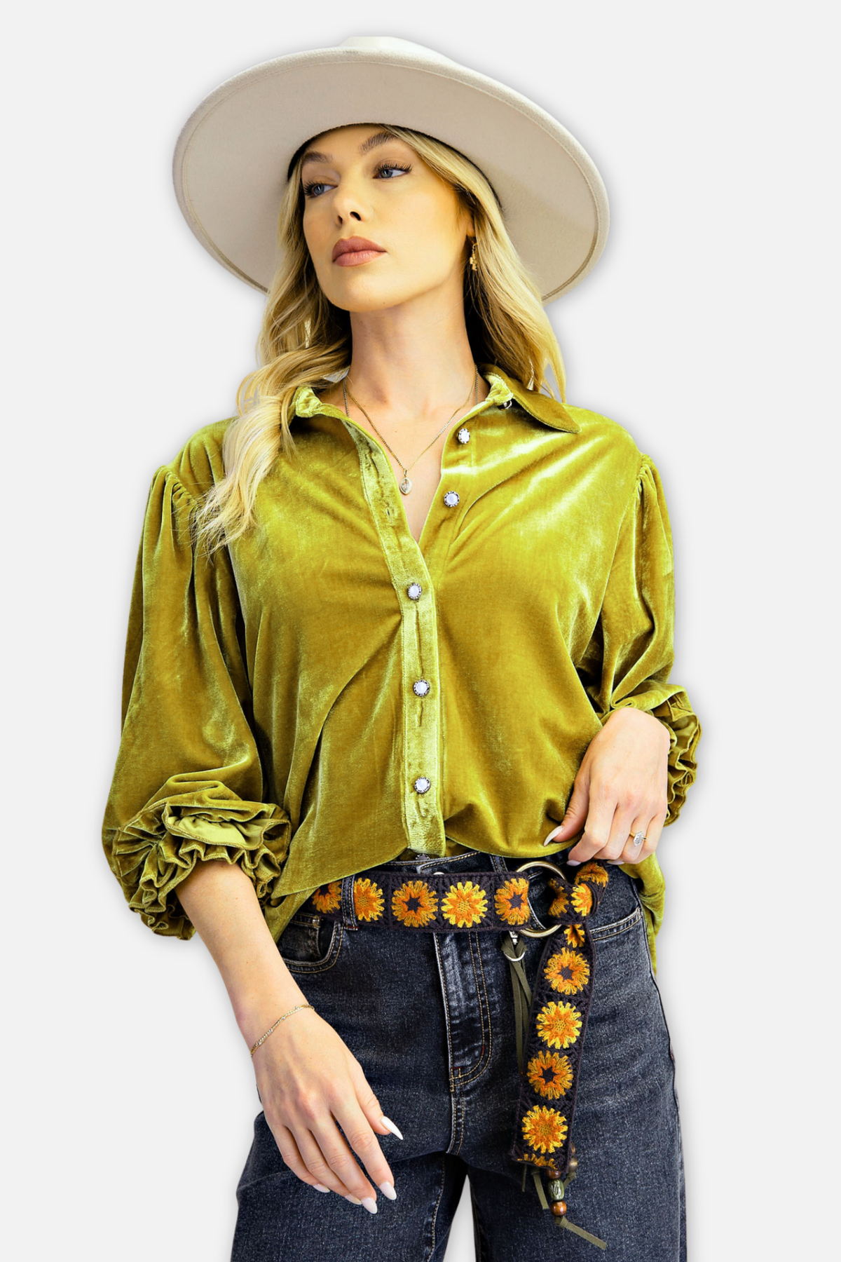 Button Down Velvet Top - Green Tea