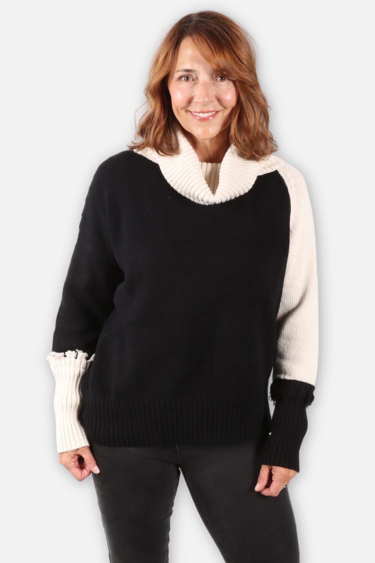 2 Tone Turtleneck Sweater - Black & Stone