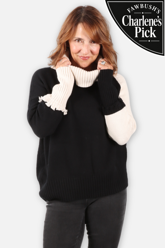 2 Tone Turtleneck Sweater - Black & Stone