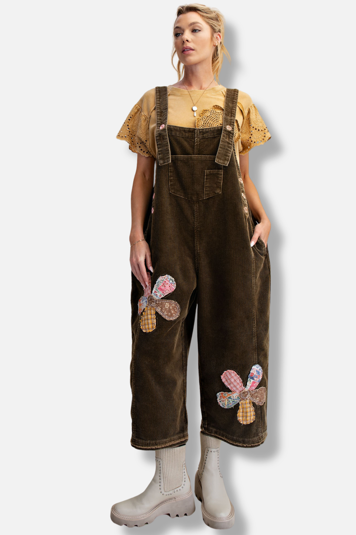 Corduroy Floral Overall - Olive 
