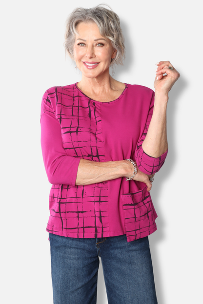 Panel Pocket 3/4 Sleeve Top - Jazzberry