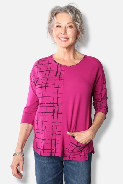 Panel Pocket 3/4 Sleeve Top Plus - Jazzberry