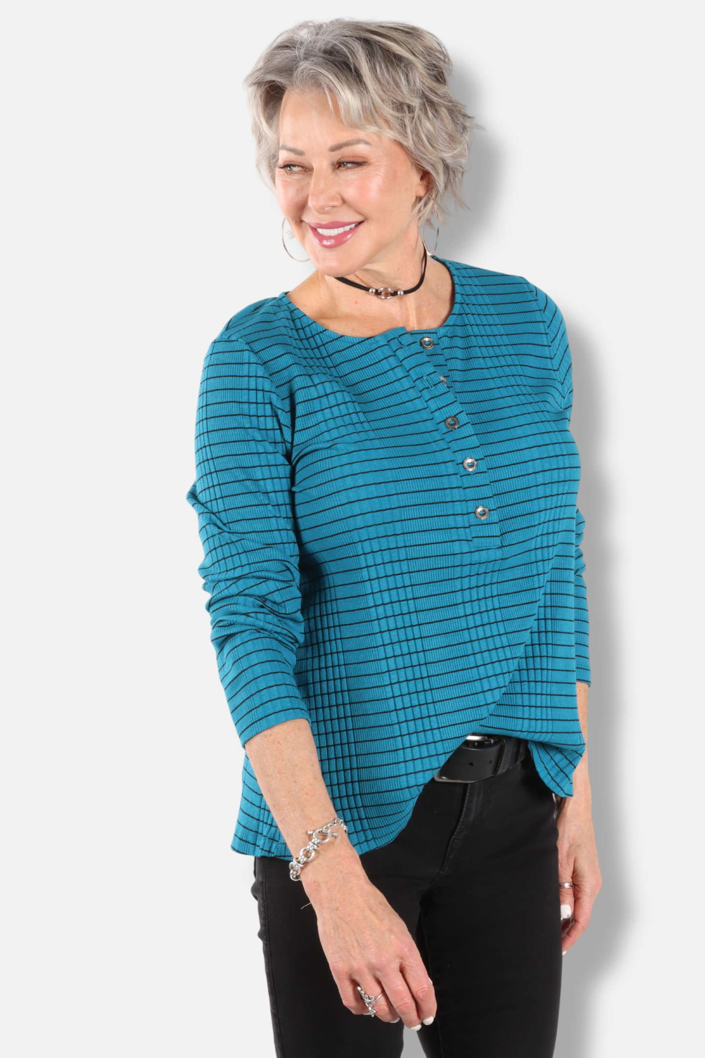 Button Down Henley Top Plus - Teal