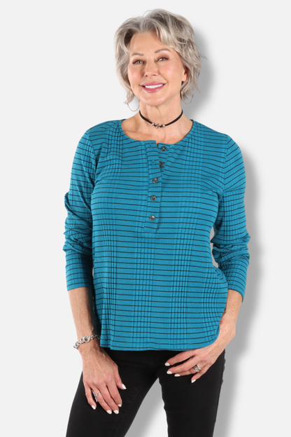 Button Down Henley Top Plus - Teal