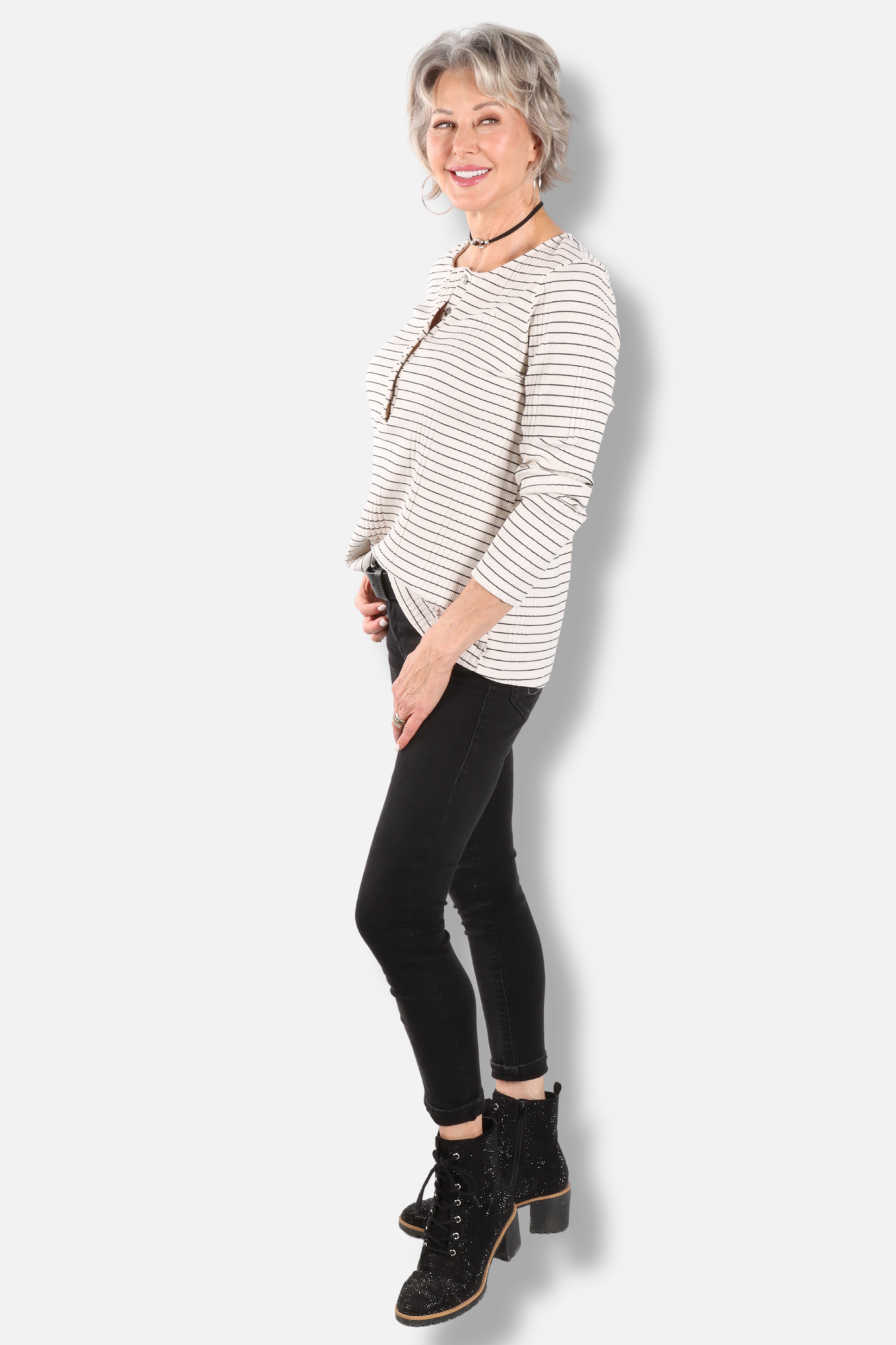 Button Down Henley Top Plus - Cream 
