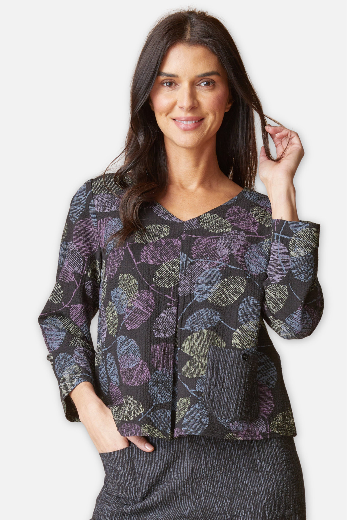 Pleat Top - Black Crinkle Crepe Scattered Leaves