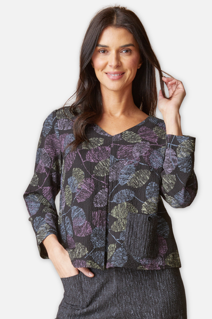Pleat Top - Black Crinkle Crepe Scattered Leaves