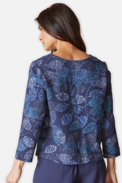 Pleat Top - Navy Crinkle Crepe Scattered Leaves