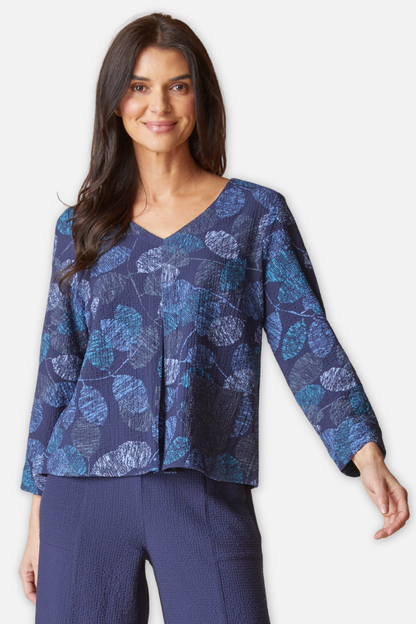 Pleat Top - Navy Crinkle Crepe Scattered Leaves