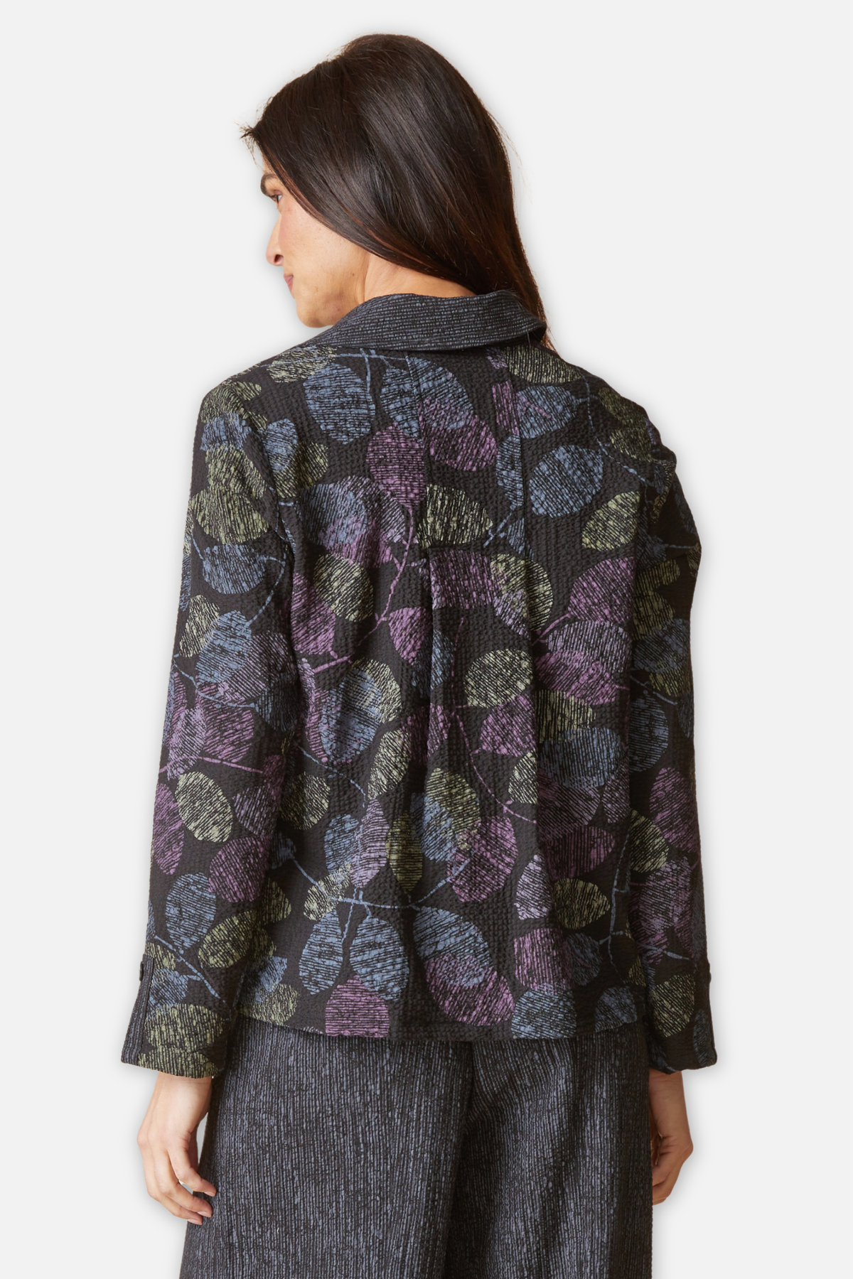 Shirt Jacket - Black Crinkle Crepe Scattered Leaves