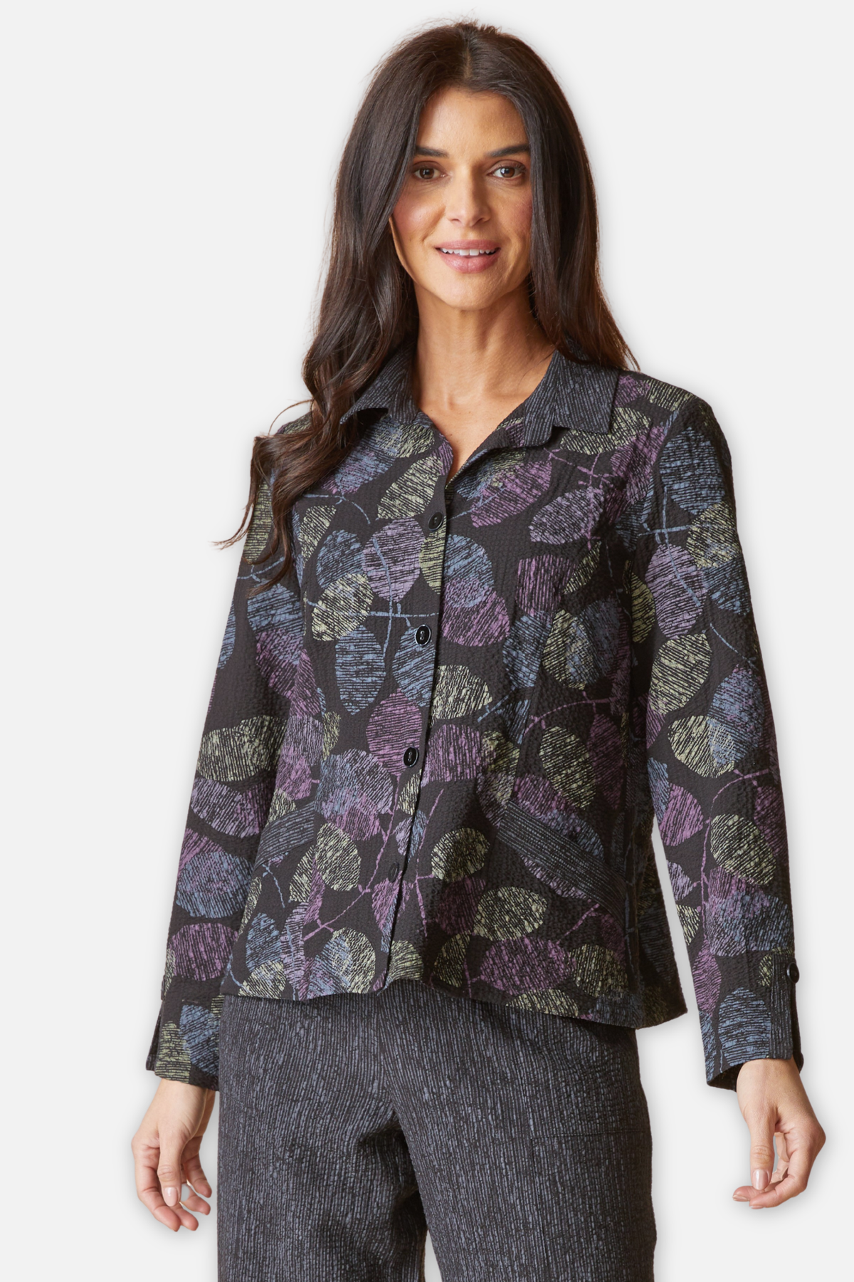 Shirt Jacket - Black Crinkle Crepe Scattered Leaves
