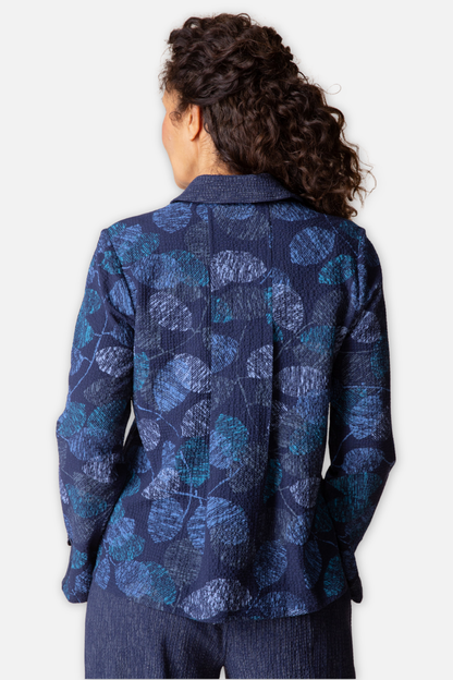 Shirt Jacket - Navy Crinkle Crepe Scattered Leaves