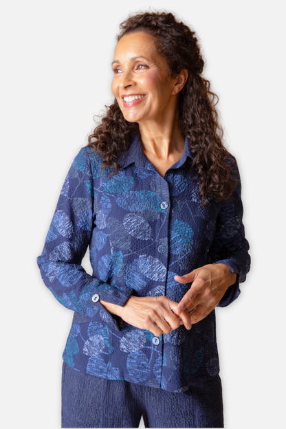 Shirt Jacket - Navy Crinkle Crepe Scattered Leaves