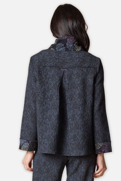 Luna Jacket - Black Crinkle Crepe Scattered Leaves
