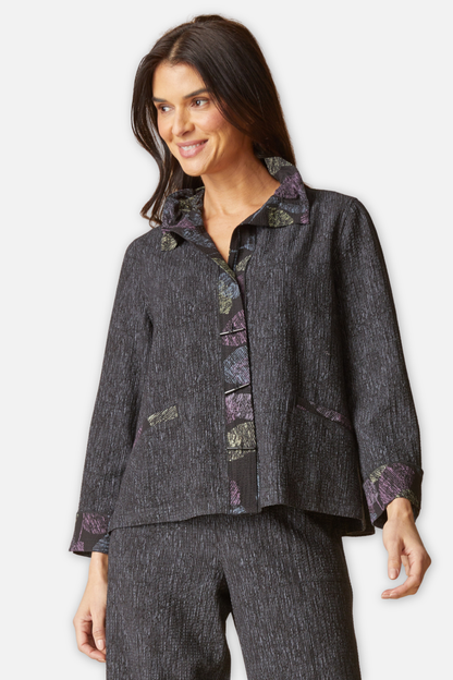 Luna Jacket - Black Crinkle Crepe Scattered Leaves
