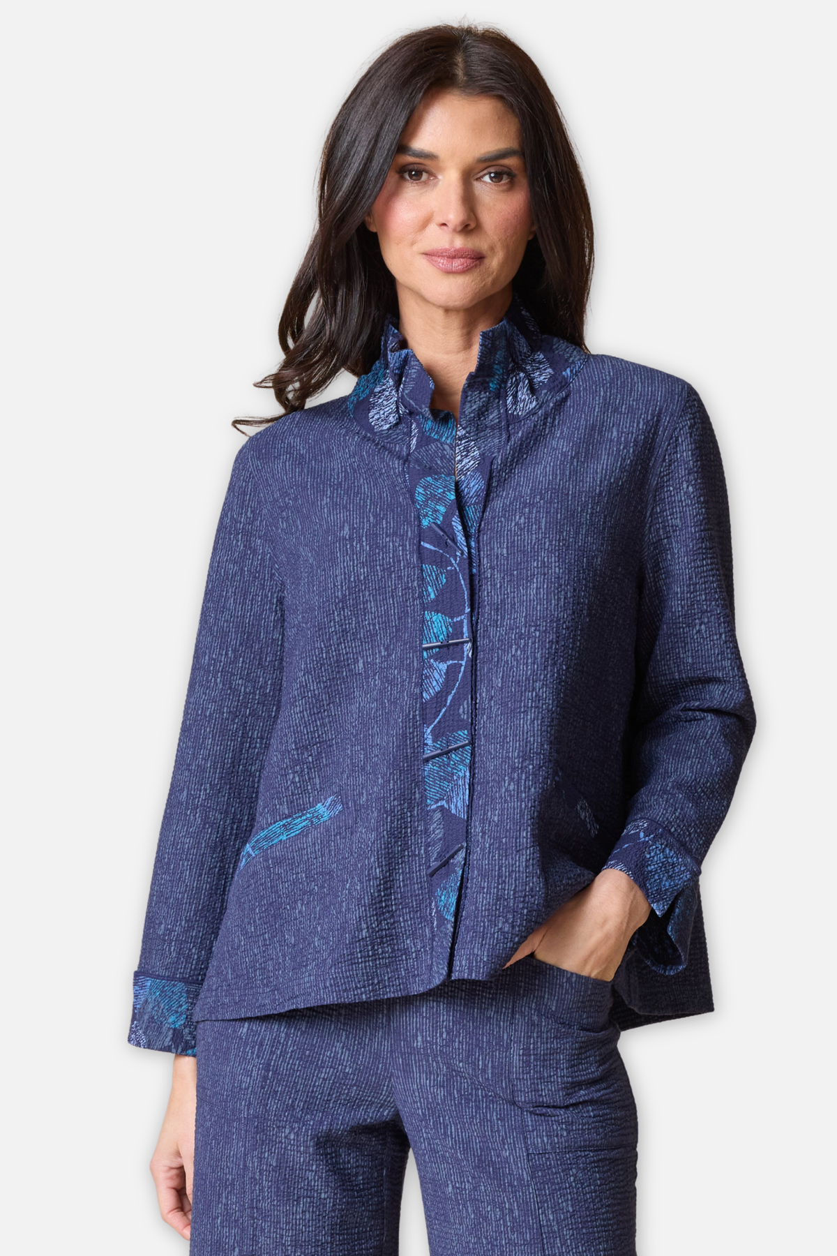 Luna Jacket - Navy Crinkle Crepe Scattered Leaves