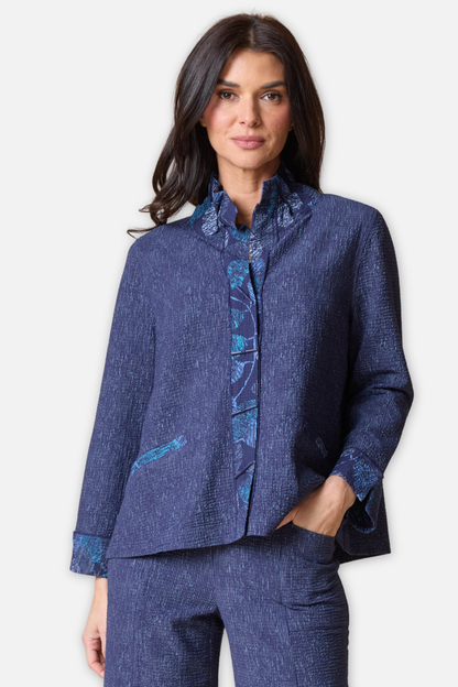 Luna Jacket - Navy Crinkle Crepe Scattered Leaves