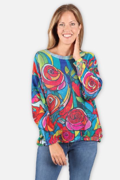 Painted Rose Sweater - Blue Floral