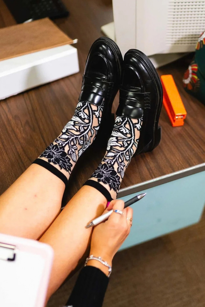 Sheer Sock - Black and White Florals