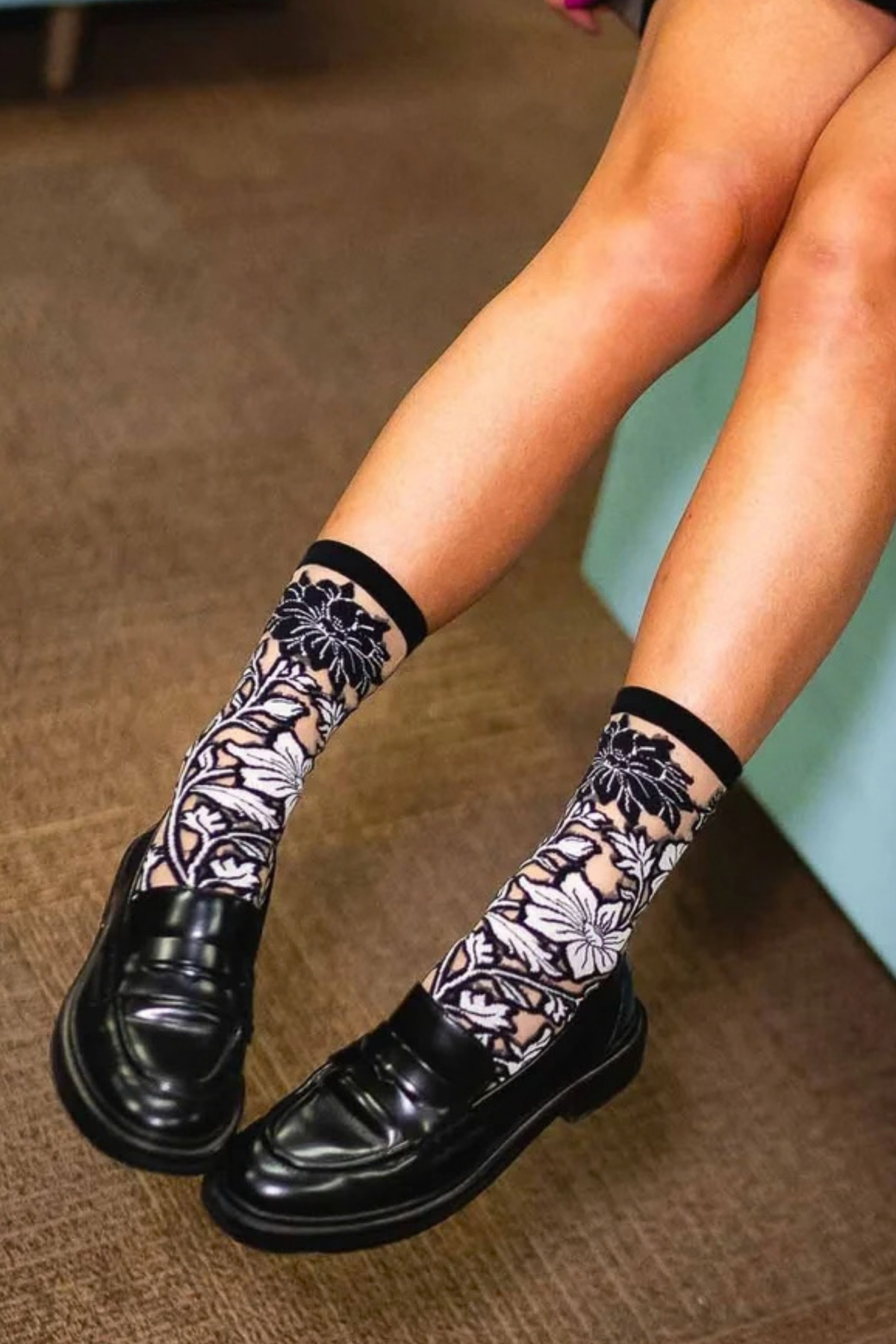 Sheer Sock - Black and White Florals