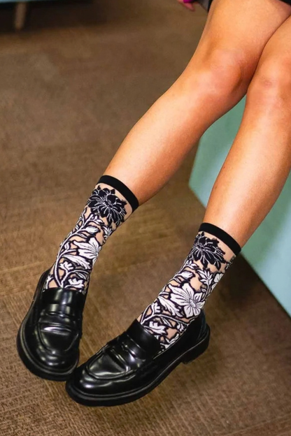 Sheer Sock - Black and White Florals