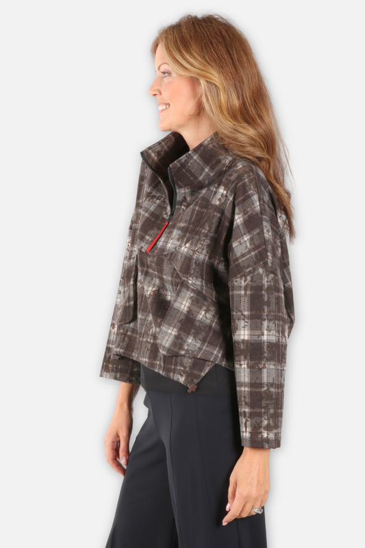 Plaid Half Zip Jacket - Black & Coffee