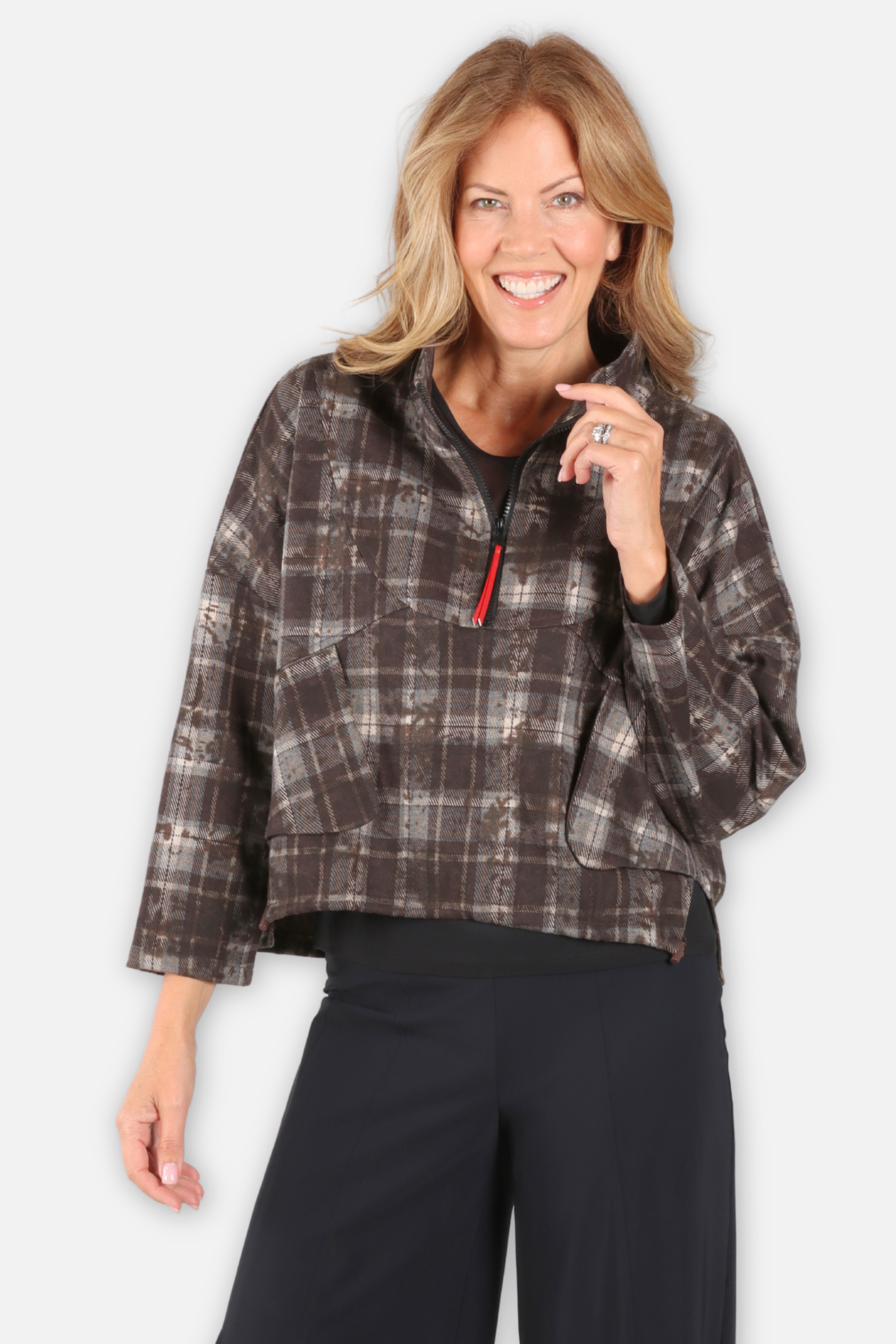 Plaid Half Zip Jacket - Black & Coffee