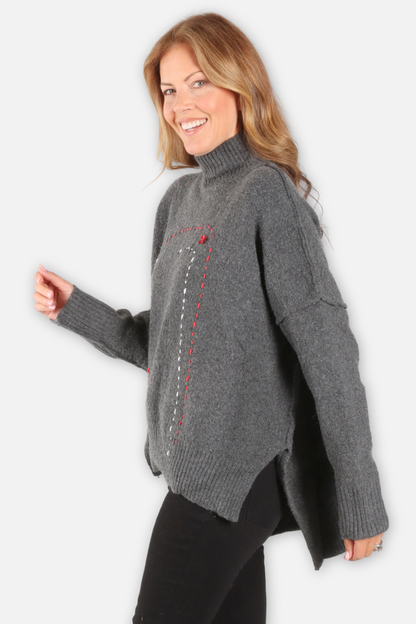 Stitched Path Turtleneck - Grey