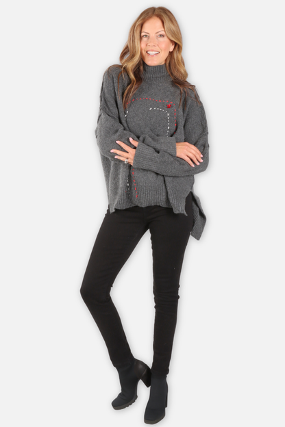 Stitched Path Turtleneck - Grey
