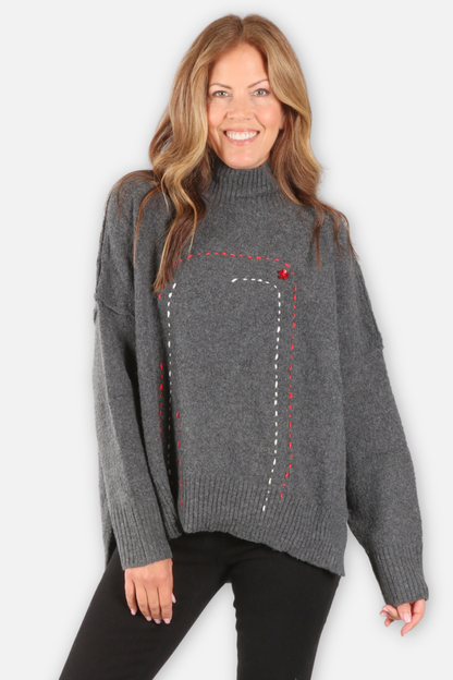 Stitched Path Turtleneck - Grey