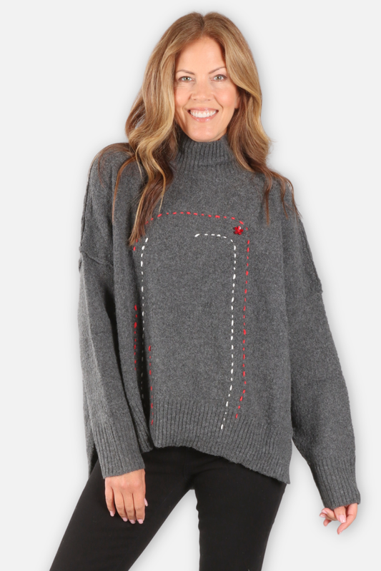 Stitched Path Turtleneck - Grey
