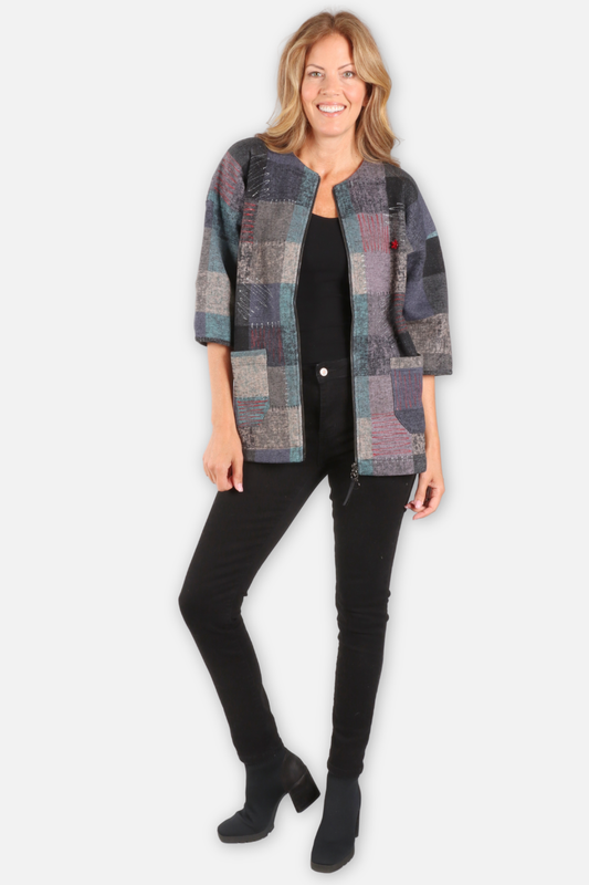 Stitched Mosaic Zip Jacket - Black & Mint