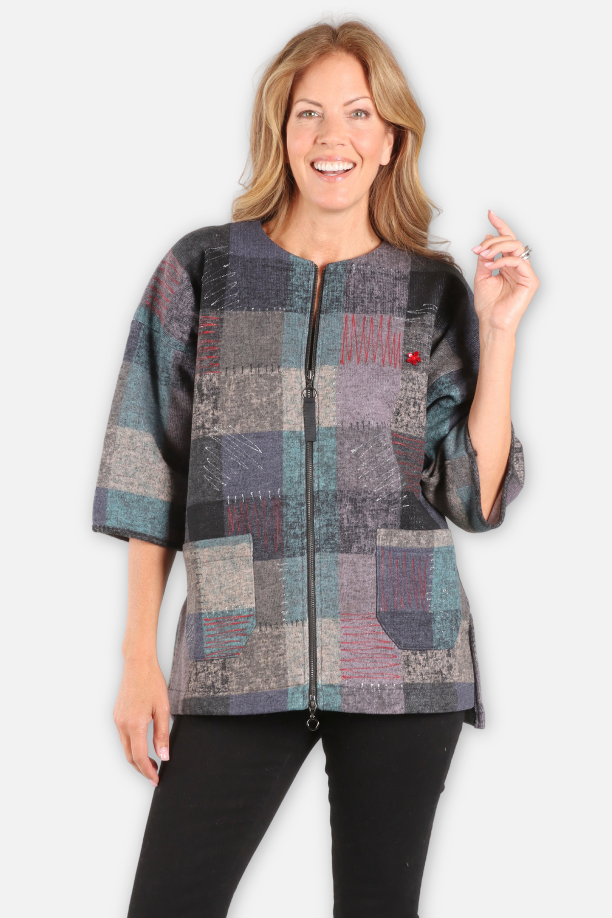 Stitched Mosaic Zip Jacket - Black & Mint