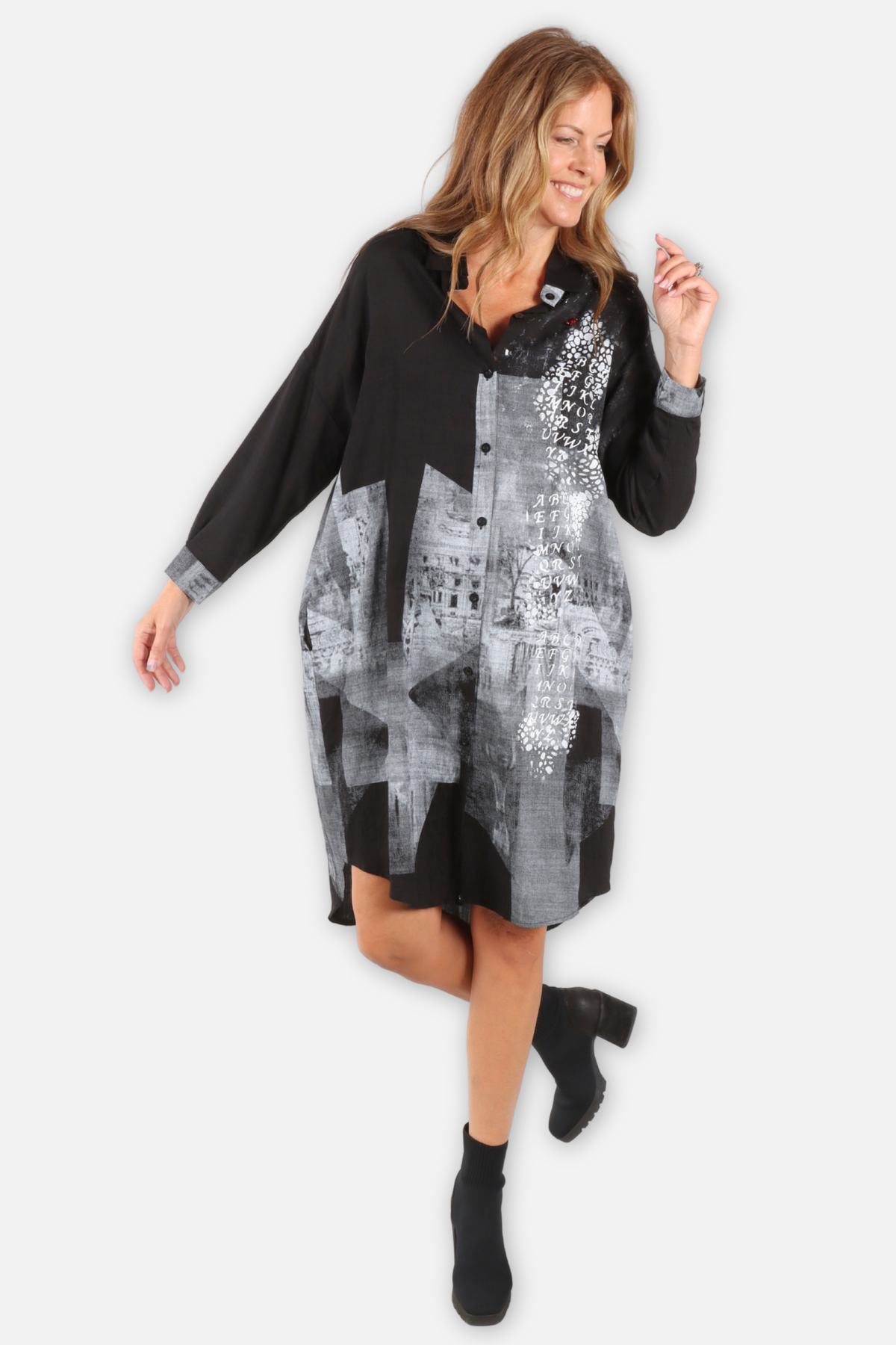 Urban Collage Shirt Dress - Black