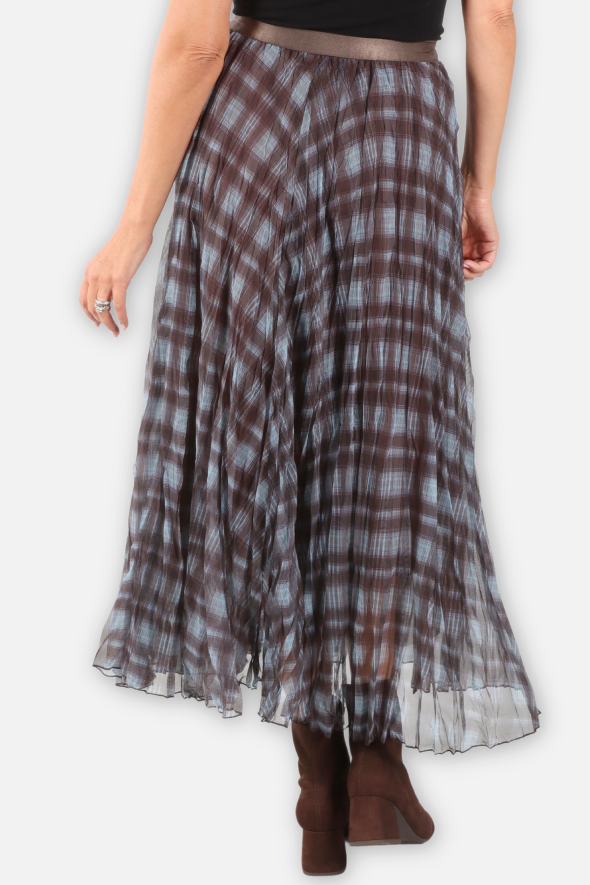 Double Layer Sheer Plaid Maxi Skirt - Blue