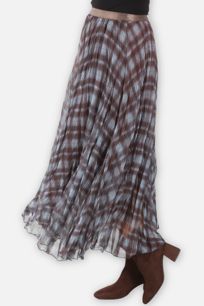 Double Layer Sheer Plaid Maxi Skirt - Blue