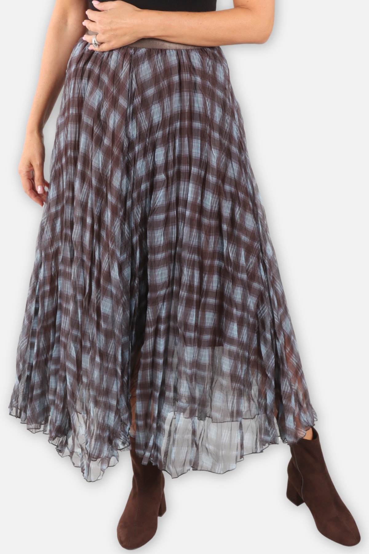 Double Layer Sheer Plaid Maxi Skirt - Blue