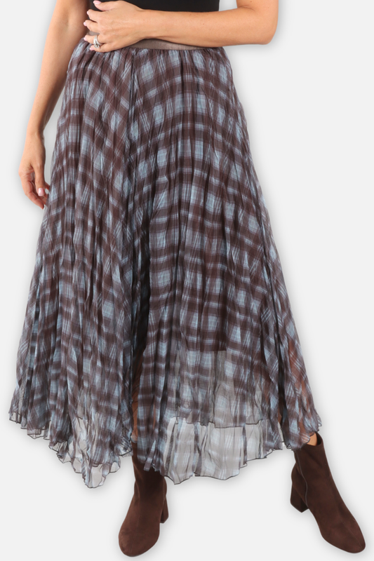 Double Layer Sheer Plaid Maxi Skirt - Blue