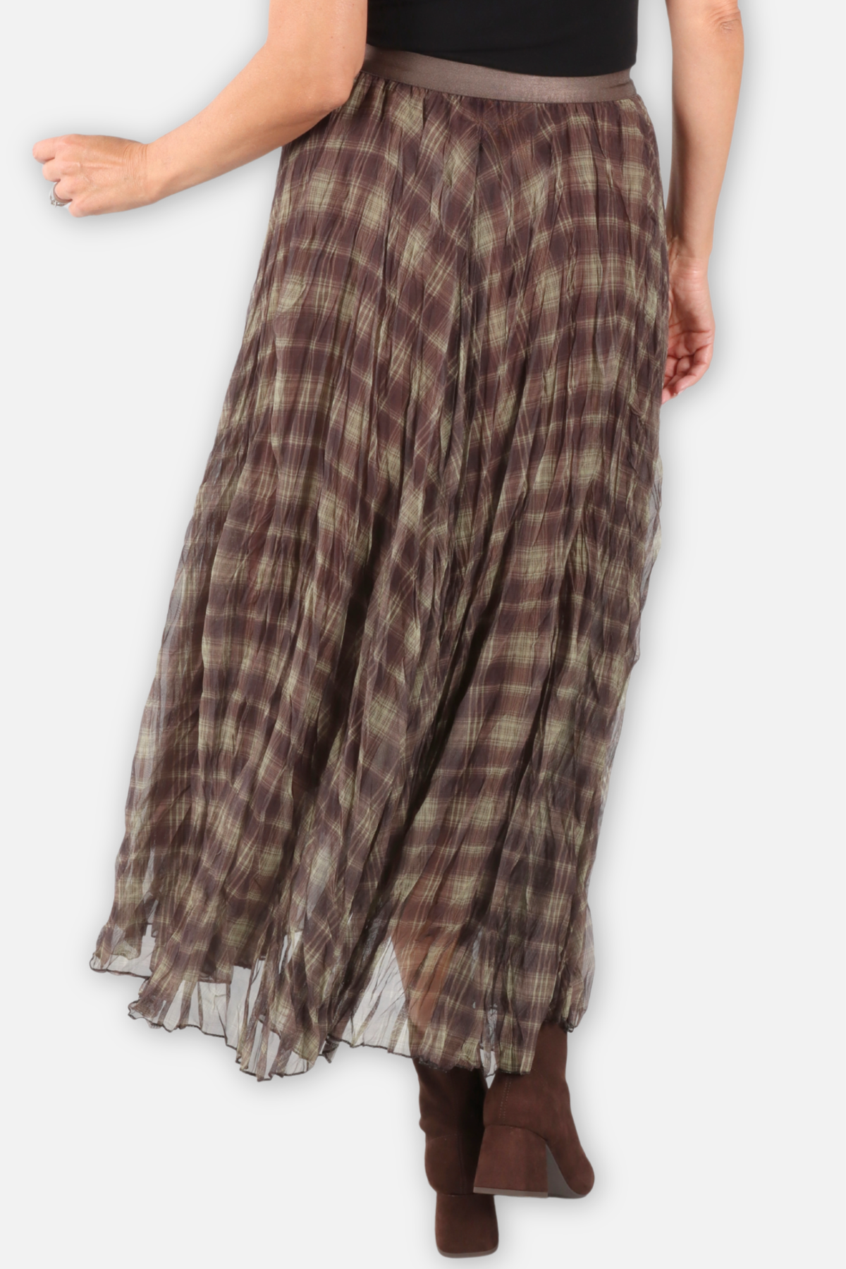 Double Layer Sheer Plaid Maxi Skirt - Green