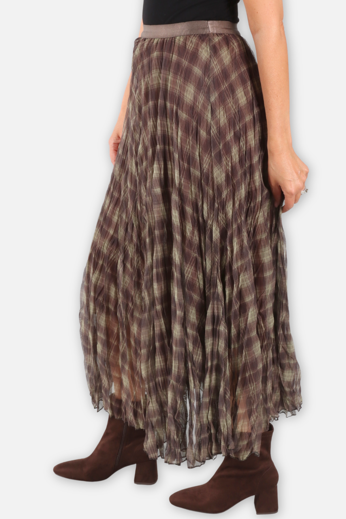 Double Layer Sheer Plaid Maxi Skirt - Green