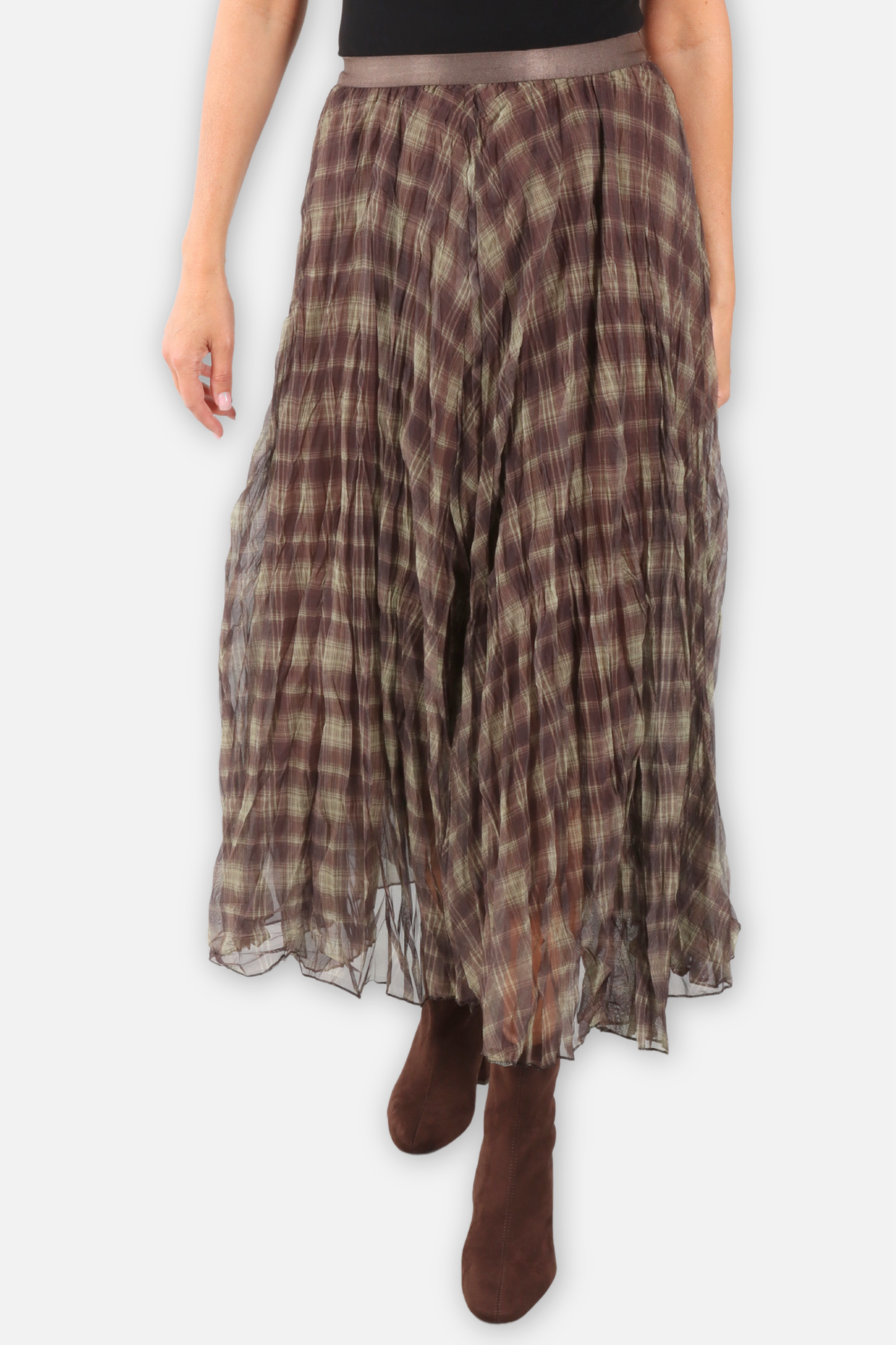 Double Layer Sheer Plaid Maxi Skirt - Green