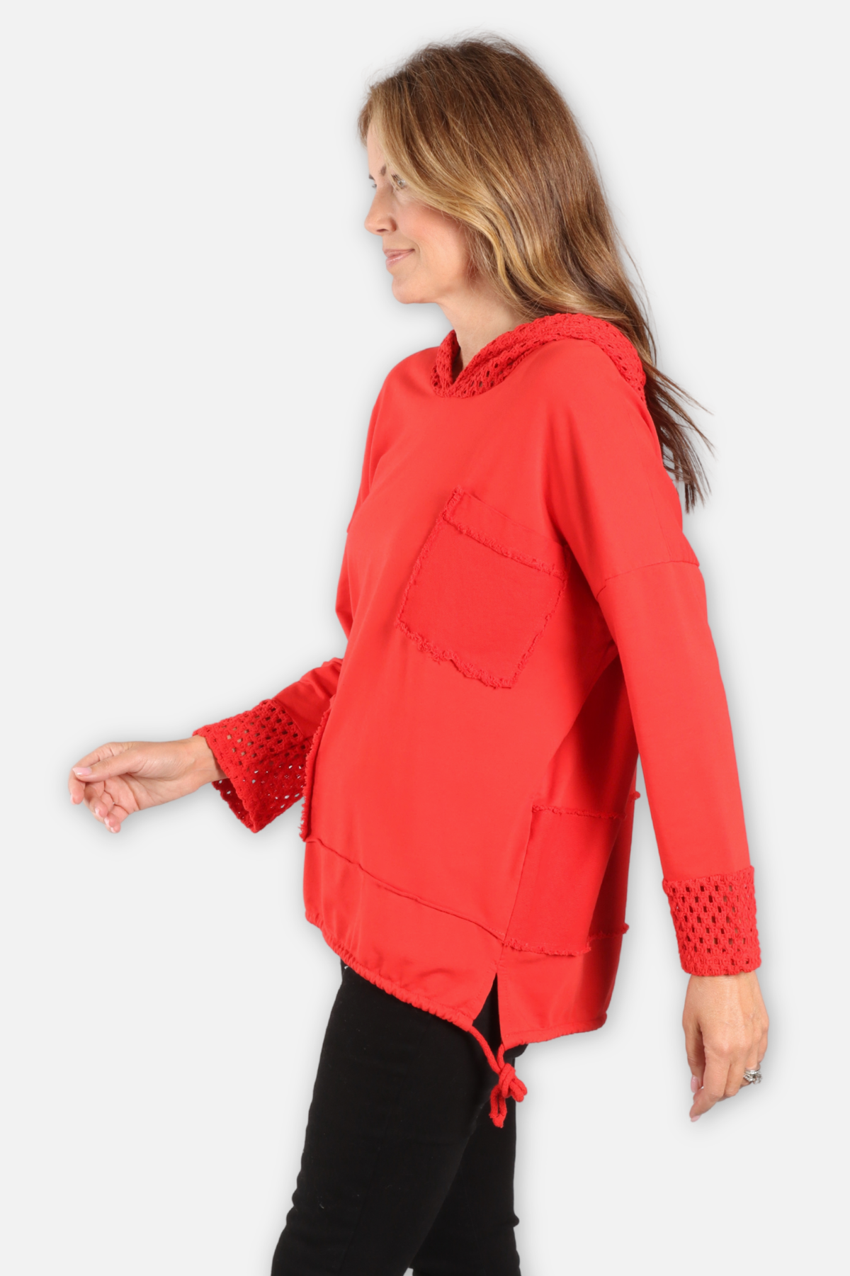 Crochet Trim Hoodie - Red