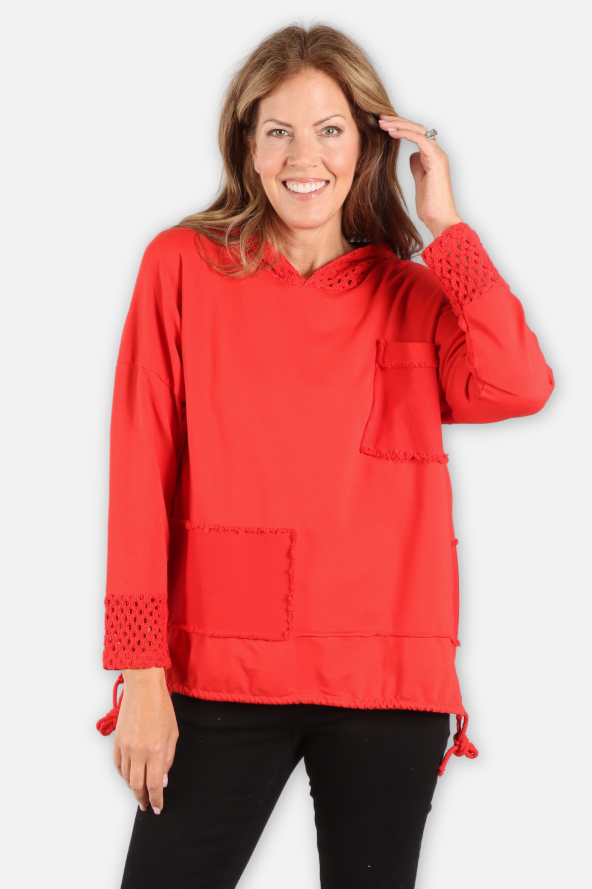 Crochet Trim Hoodie - Red