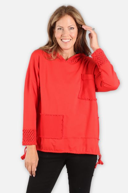 Crochet Trim Hoodie - Red