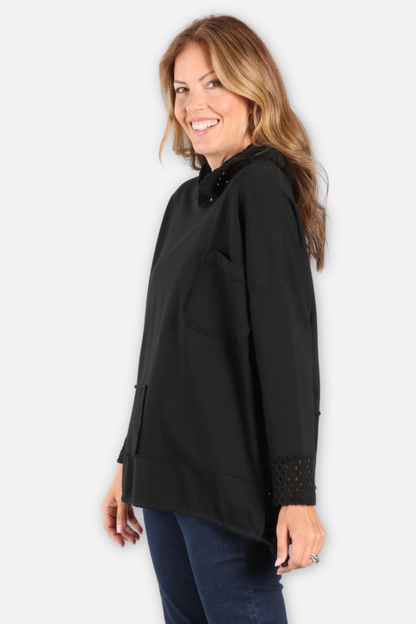 Crochet Trim Hoodie - Black