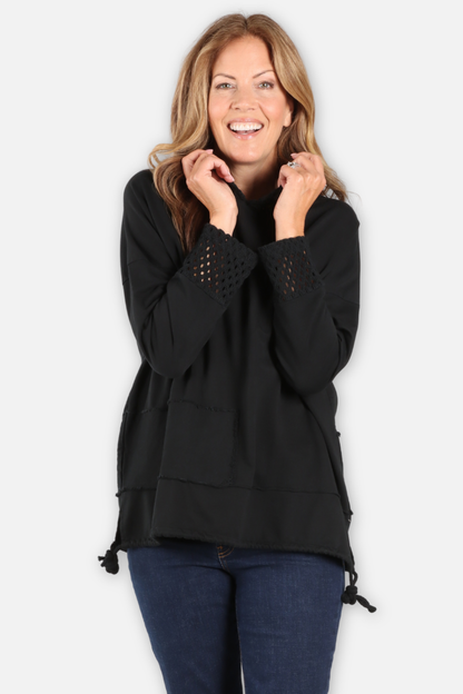 Crochet Trim Hoodie - Black